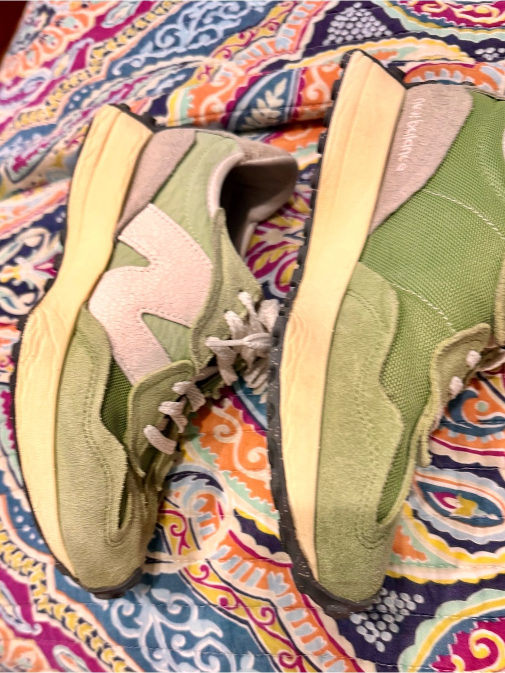 New Balance 327 Lime Green Suede Mesh Sneaker with Cream Accents and White Laces - Picture 5 of 8